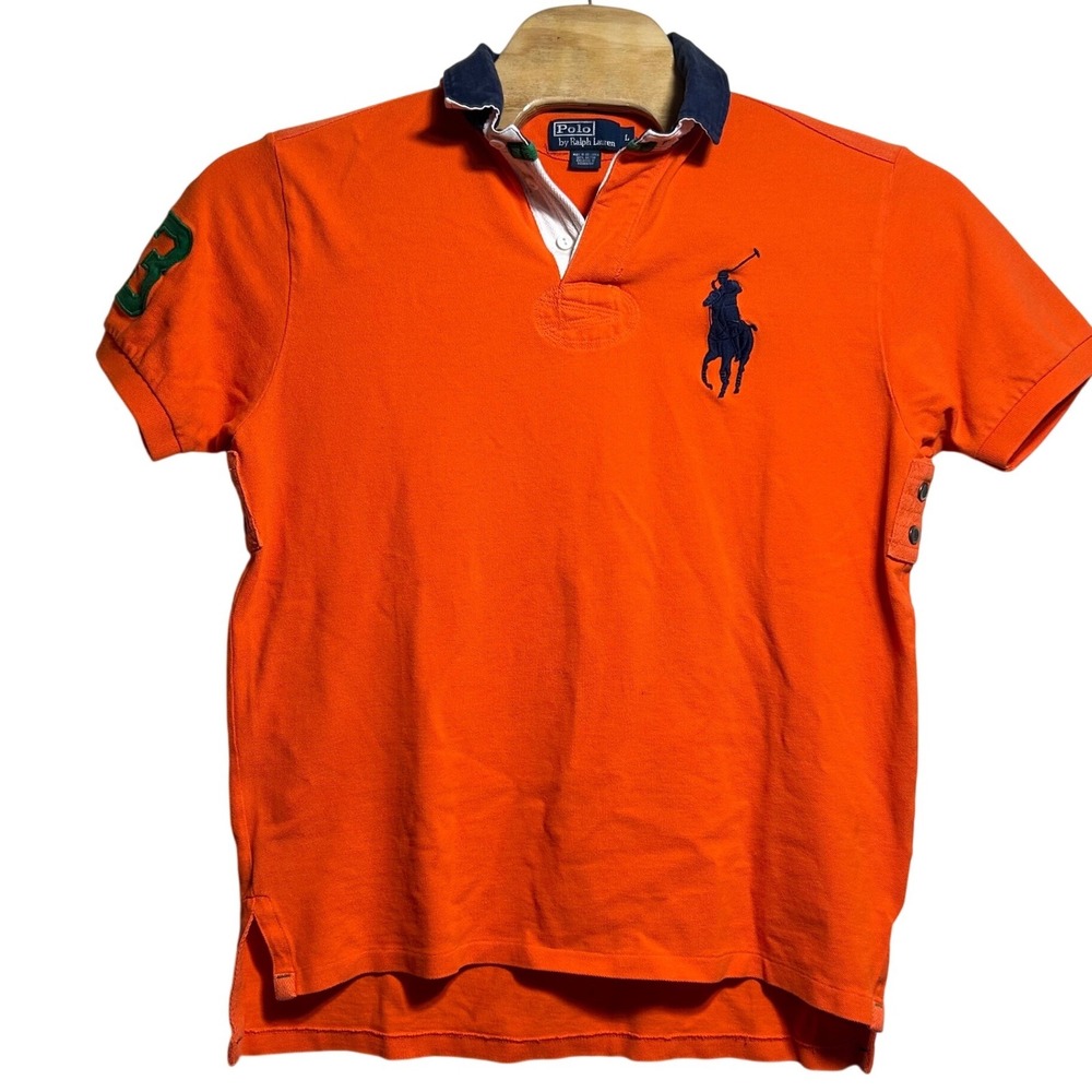 Polo Ralph Lauren Y2K Mens Big Pony Orange Polo Shirt Navy Collar Size L 3 Patch
